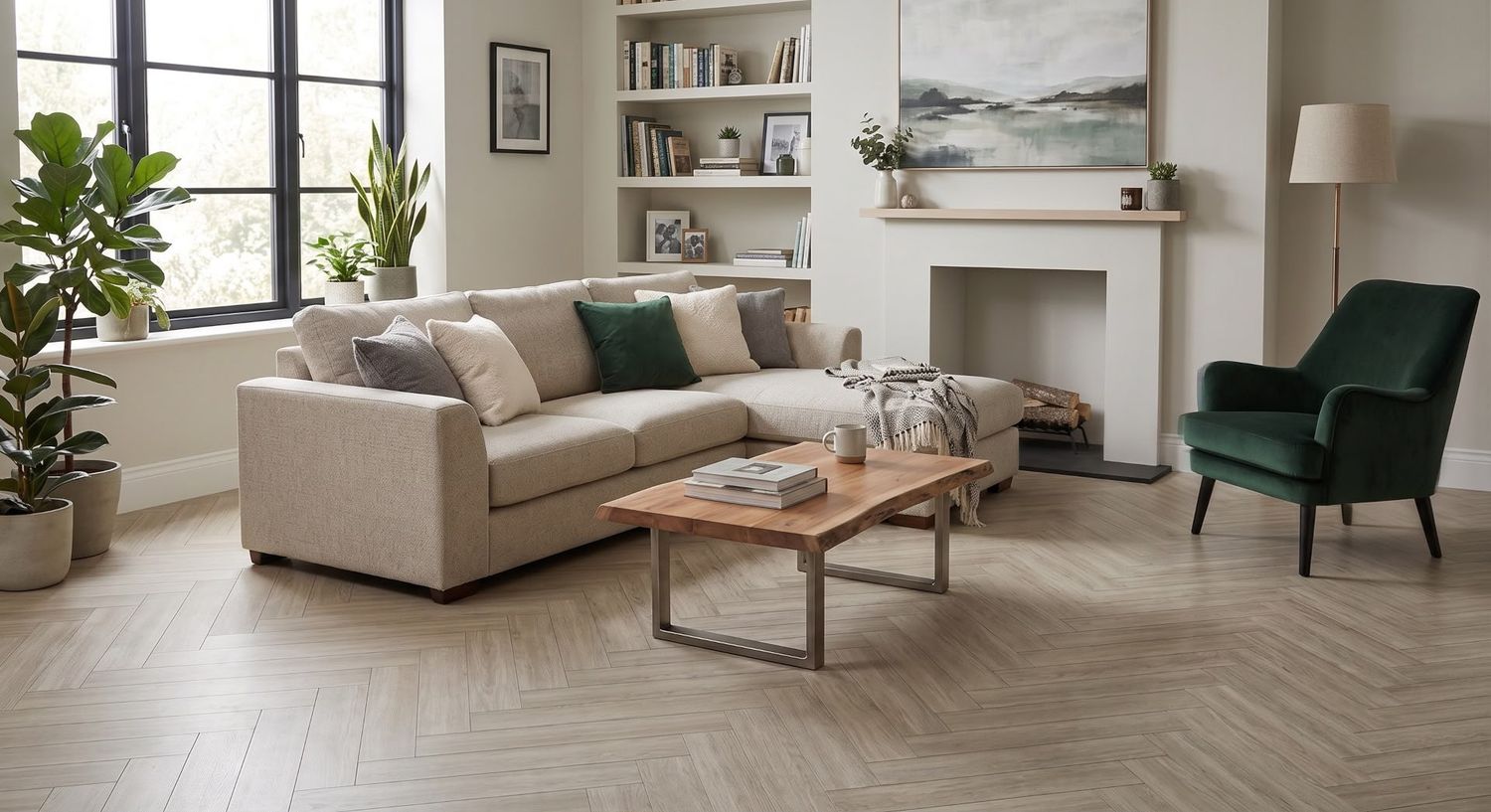 Herringbone flooring in a living room with a fireplace