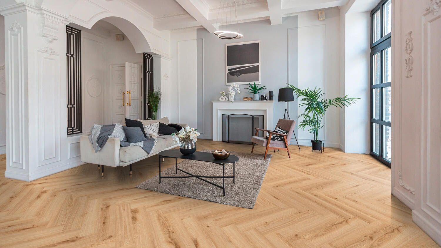Parquet flooring through an open living room