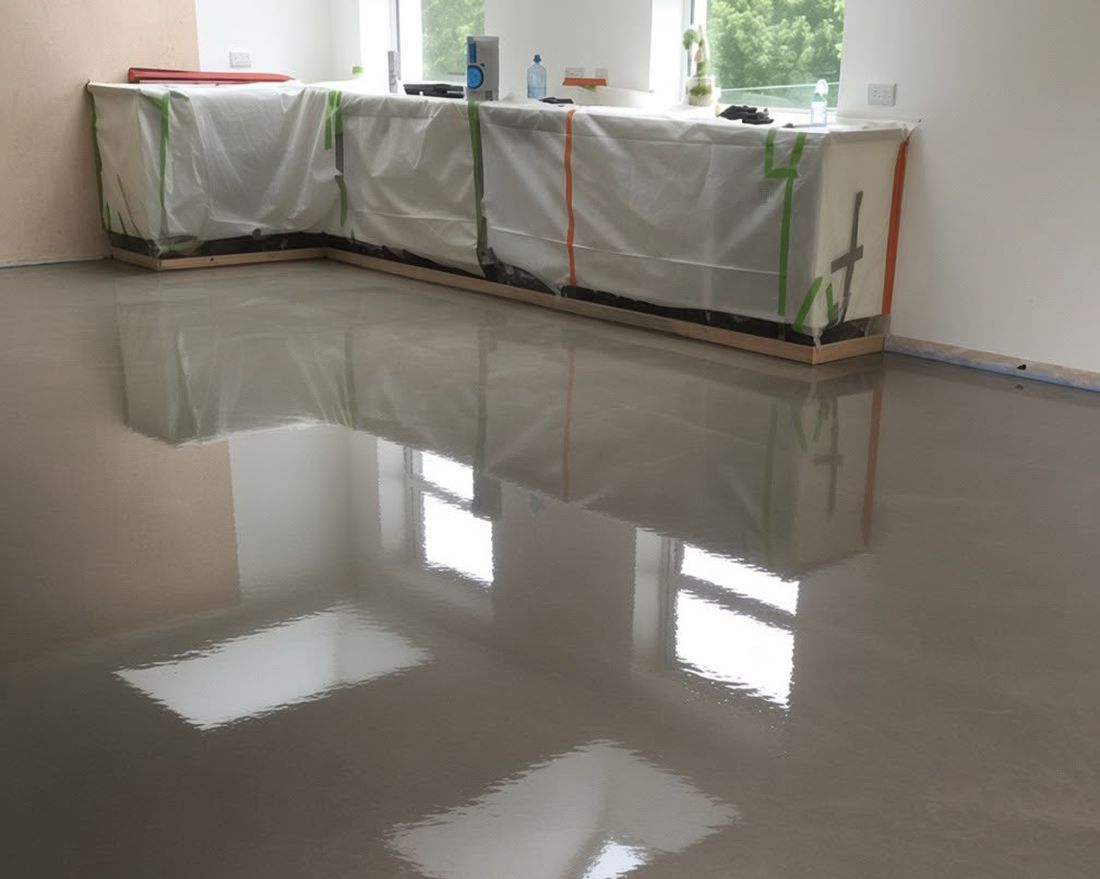 Liquid screed poured and levelled in a kitchen, still wet