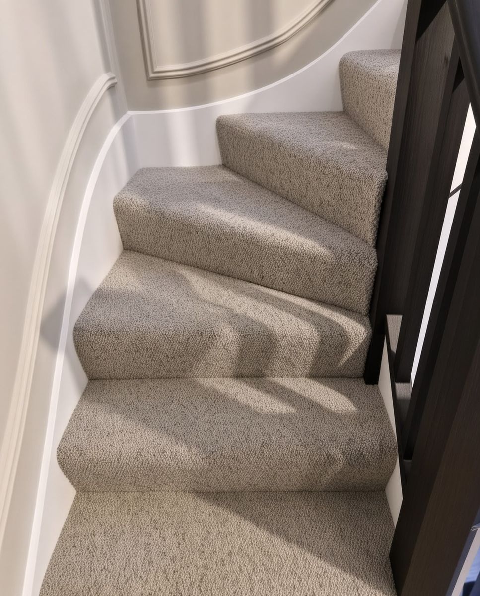 Grey loop pile carpet fitted to a turning staircase